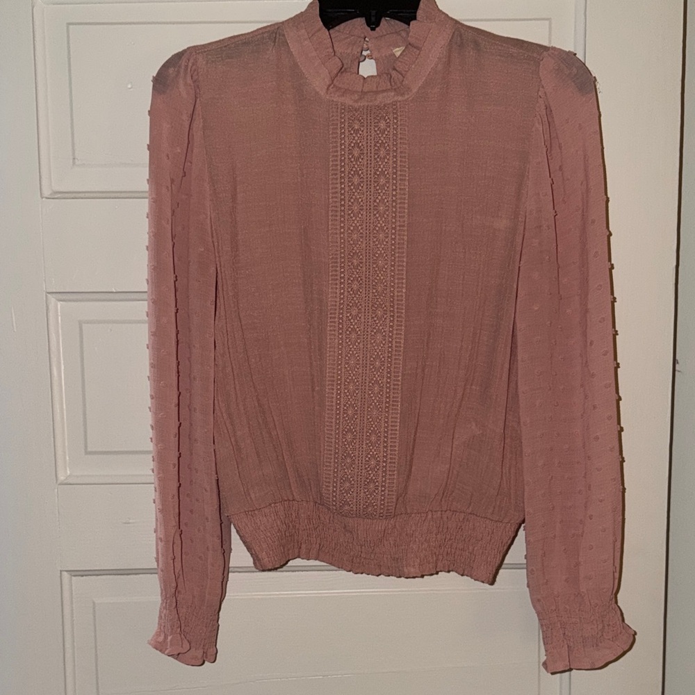 Sweet Wanderer Blush Pink Ruffle-Neck Lace-Panel Blouse